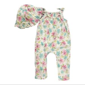 Little Me Cottage Core Clothing Flowered Girl Baby one Piece With Hat SZ 9M